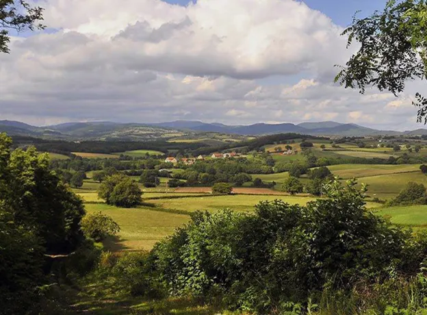 Paysage verdoyant du Morvan avec collines et village typique bourguignon