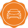 Voiture stylisée sur fond orange, symbole de mobilité et d'accueil.